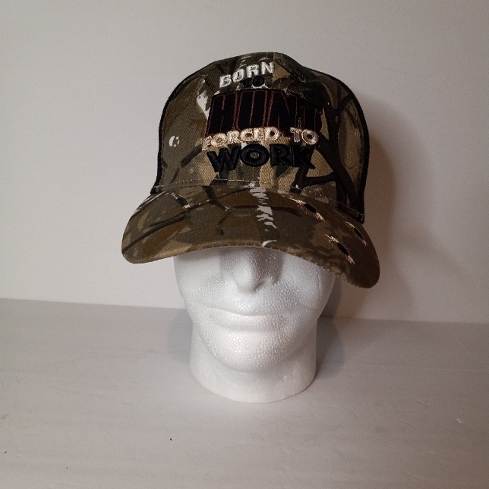 BORN TO HUNT FORCED TO WORK DEER BUCK HUNTING BALL CAP HAT Brown/Camo